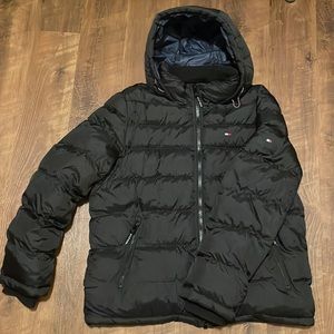 Black Tommy Hilfiger Coat, Size LG, only worn 1 time.